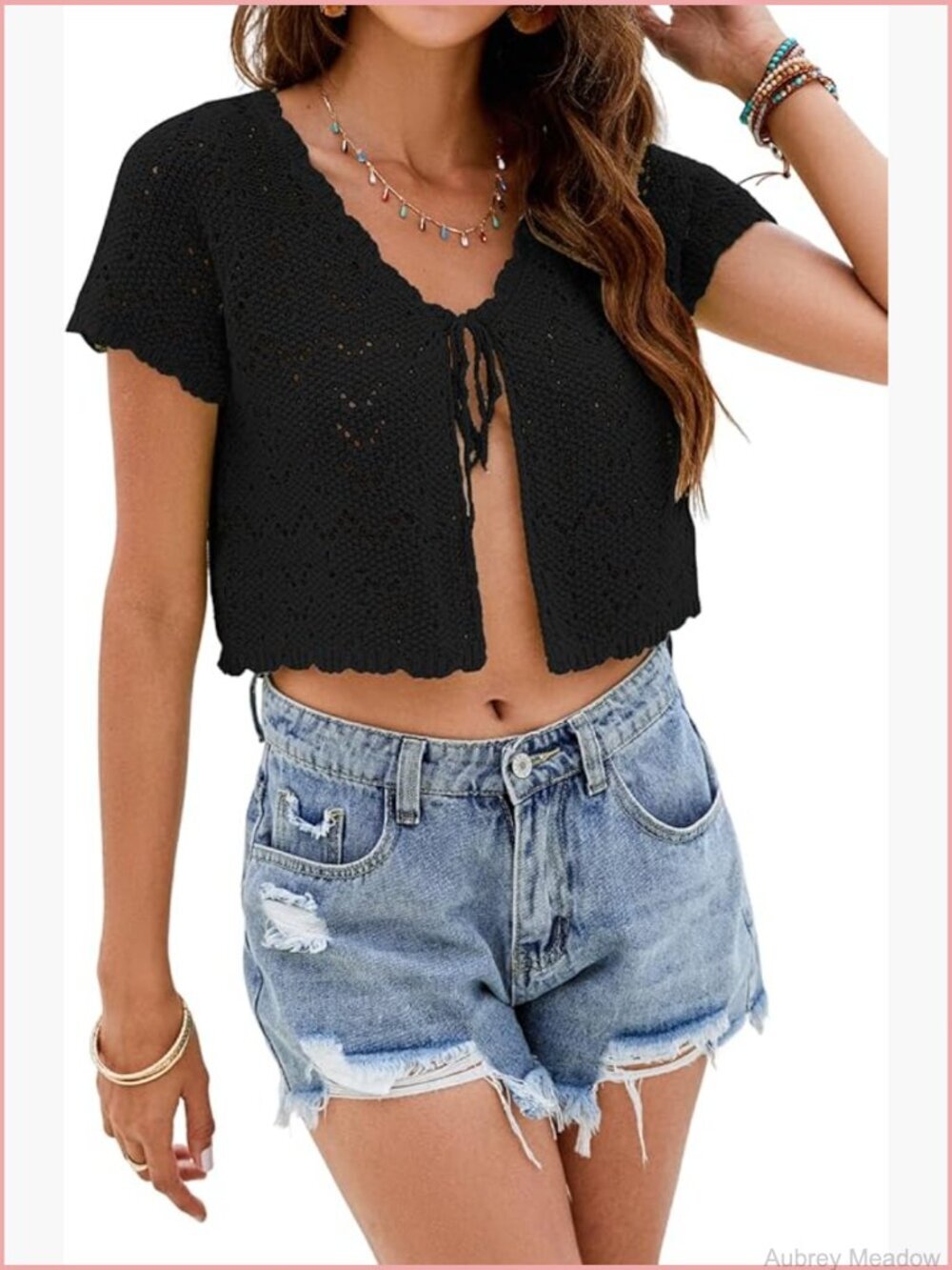 Crochet Cardigan Women Beach Cropped Top Short Sleeve Tie Front Lightweight